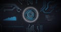 Displaying HUD glowing on grid, with concentric rings, circuitry, chart, binary line, code snippet Royalty Free Stock Photo