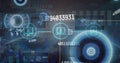 Displaying HUD pulsing on digital interface, with numeric IDs, world map, laptop icon, copy space Royalty Free Stock Photo