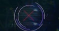 Displaying HUD rotating purple ring around red X in digital environment with binary code and orbs Royalty Free Stock Photo