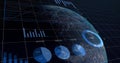 Displaying illuminated Earth globe floating in space grid, with grid lines and chart overlays Royalty Free Stock Photo
