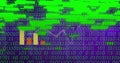 Displaying line graph and colored bar chart in abstract dashboard, with green binary code overlay Royalty Free Stock Photo