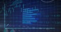 Displaying line graph rising on navy grid at trading terminal, with bar charts and numeric labels Royalty Free Stock Photo