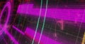 Displaying magenta neon bar array rotating in virtual 3D interface, with concentric ring and grid Royalty Free Stock Photo
