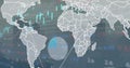 Displaying map outline over data interface showing candlesticks line graphs and circular highlight Royalty Free Stock Photo