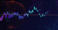 Displaying market chart on dashboard, with candlestick bars, curved line and glowing sphere Royalty Free Stock Photo