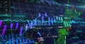 Displaying market data on dashboard, with neon charts, candlesticks, map overlay and numeric labels Royalty Free Stock Photo