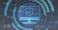 Displaying monitor icon radiating HUD rings in cyber UI, with shield checkmark and numeric data Royalty Free Stock Photo