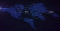 Displaying navy map with glowing network nodes and data labels against space and blue lens flare Royalty Free Stock Photo