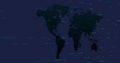 Displaying navy world map silhouette in dashboard, with cyan data blocks and coordinate strings Royalty Free Stock Photo