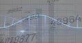 Displaying neon-blue waveform oscillating over gray grid, with dotted bars, line, percents, numbers Royalty Free Stock Photo