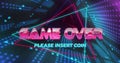 Displaying neon GAME OVER text with PLEASE INSERT COIN prompt at arcade screen, triangular frames Royalty Free Stock Photo