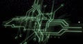Displaying neon green glowing circuit network floating in space, with dashed lines, nodes, arrows Royalty Free Stock Photo