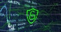 Displaying neon green shield icon glowing in data interface with grid and scrolling code overlays Royalty Free Stock Photo