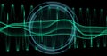 Displaying neon green waveform visualization on dark display, with teal HUD overlay and grid lines Royalty Free Stock Photo