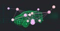 Displaying neon green wireframe minivan model in 3D grid space, showing pink user node network Royalty Free Stock Photo