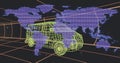 Displaying neon-green wireframe van in virtual simulation, projecting purple nodes over orange grid Royalty Free Stock Photo
