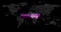 Displaying neon pink GAME START text on digital game screen, with dotted world map, country labels Royalty Free Stock Photo
