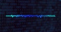 Displaying neon waveform trace running across center in dark navy grid with binary digits Royalty Free Stock Photo