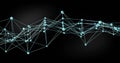 Displaying network graph spanning dark gradient backdrop, showing blue-green nodes, thin lines Royalty Free Stock Photo