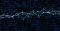Displaying network lines linking glowing nodes across dark code backdrop, with binary digits Royalty Free Stock Photo