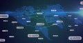 Displaying network overlay on navy world map, glowing lines, data labels with icons, light flare Royalty Free Stock Photo