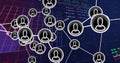 Displaying network visualization connecting user icons over digital grid, with market data overlay Royalty Free Stock Photo