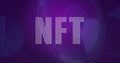 Displaying NFT letters glowing in purple digital interface with binary dots, HUD rings, grid lines Royalty Free Stock Photo