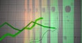 Displaying overlapping green line graphs on digital 3D grid, with colored panels and data markers Royalty Free Stock Photo