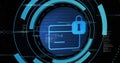 Displaying padlock securing blue payment card data on dark interface, binary code segments UI rings Royalty Free Stock Photo