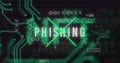 Displaying PHISHING text glitching on dark interface, with neon green X lines and circuit traces Royalty Free Stock Photo
