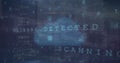 Displaying pixelated cloud icon flashing malware detected over scanning code grid on dashboard Royalty Free Stock Photo