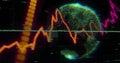 Displaying pixelated 3D globe in glitch-art HUD, with orange waveform graph and dotted data axis Royalty Free Stock Photo