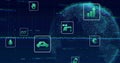 Displaying pixelated globe in blue data visualization, featuring CO? symbol and electric car icon Royalty Free Stock Photo