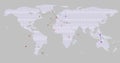 Displaying pixelated world map on grey backdrop showing orange red purple dots and linking lines Royalty Free Stock Photo