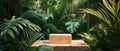 Displaying Products On A Rustic Podium Surrounded By Luxuriant Tropical Foliage
