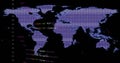 Displaying purple-hued pixelated world map on computer screen, showing colored HTML code lines Royalty Free Stock Photo