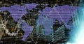 Displaying purple world map overlaying dashboard, showing candlesticks graphs percentages cyan glow Royalty Free Stock Photo