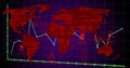 Displaying red binary world map tracing green line with nodes on purple grid, showing virus icons Royalty Free Stock Photo