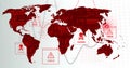 Displaying red global map in cybersecurity UI, with binary code, line charts, virus or malware alert Royalty Free Stock Photo
