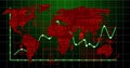 Displaying red map tracking green line chart on binary grid dashboard featuring virus or malware ico Royalty Free Stock Photo