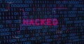 Displaying red neon HACKED text glowing in digital interface, with binary digits and circuit traces Royalty Free Stock Photo
