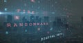Displaying red RANSOMWARE text overlay above urban skyline at dawn, with grid of cybersecurity code Royalty Free Stock Photo