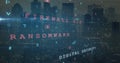 Displaying red RANSOMWARE text spanning urban skyline at dusk, with translucent grid and code Royalty Free Stock Photo