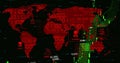 Displaying red world map at security screen, streaming binary code with green arrows, malware icon Royalty Free Stock Photo