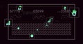 Displaying schematic keyboard showing floating metrics with line graphs, green icons dark interface Royalty Free Stock Photo