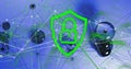 Displaying security illustration in virtual network, with green shield padlock protecting data flow Royalty Free Stock Photo