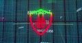 Displaying security shield glowing over code grid on screen, with fingerprint motif and binary bits Royalty Free Stock Photo