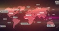 Displaying see-through red world map floating on dark red grid, with data labels, icons, particles Royalty Free Stock Photo