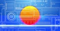 Displaying semi-circular sun graphic glowing on digital dashboard, with code panels and light flare Royalty Free Stock Photo