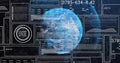 Displaying semi-transparent 3D globe of Earth rotating at control interface, with data panels Royalty Free Stock Photo